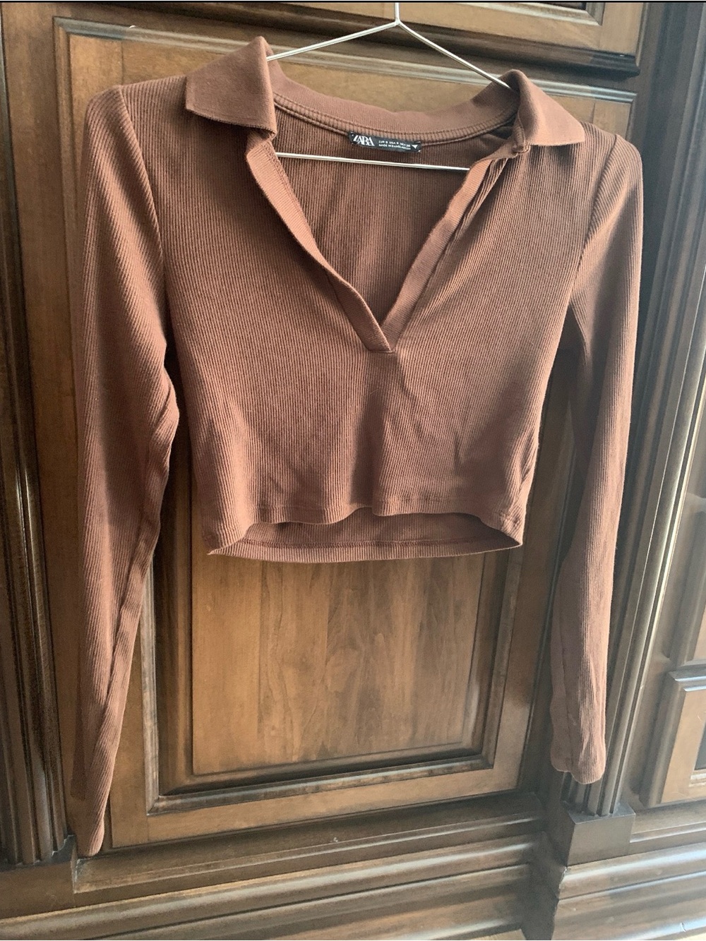 Zara Rust Brown Ribbed Long-Sleeve Cropped Polo Top